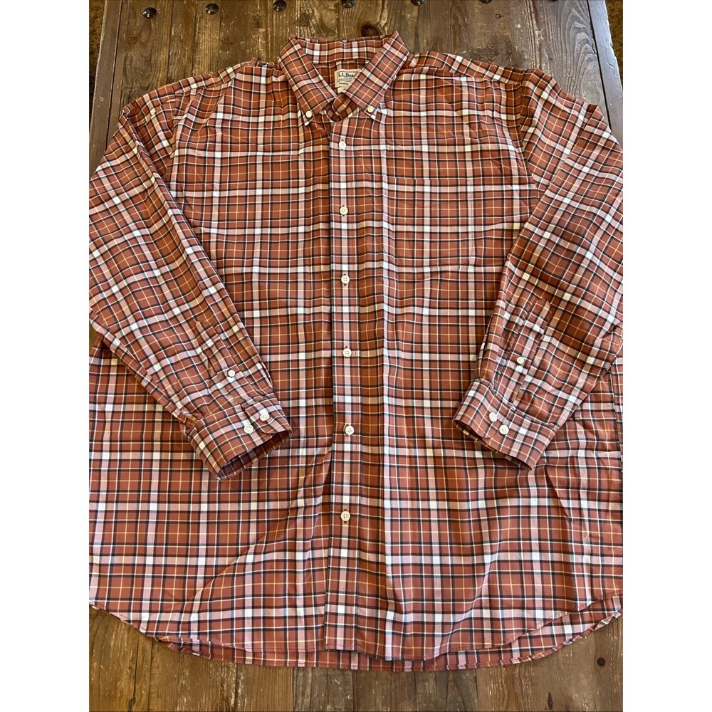 LL Bean Traditional Fit Wrinkle Free Shirt Men XXL 2XL Rusty Plaid Button Down